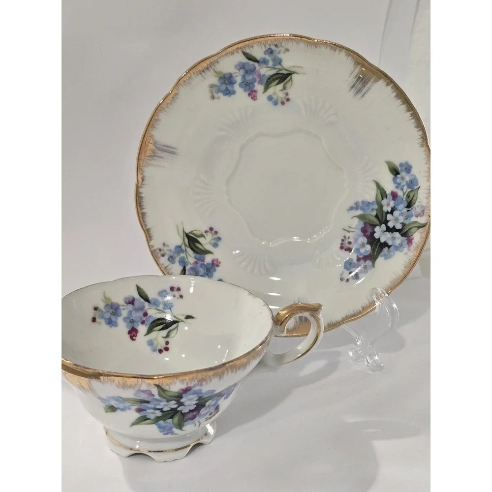 Vintage Japan Nippon Yoko Boeki Co. Porcelain Floral Teacup and Saucer Set Blue